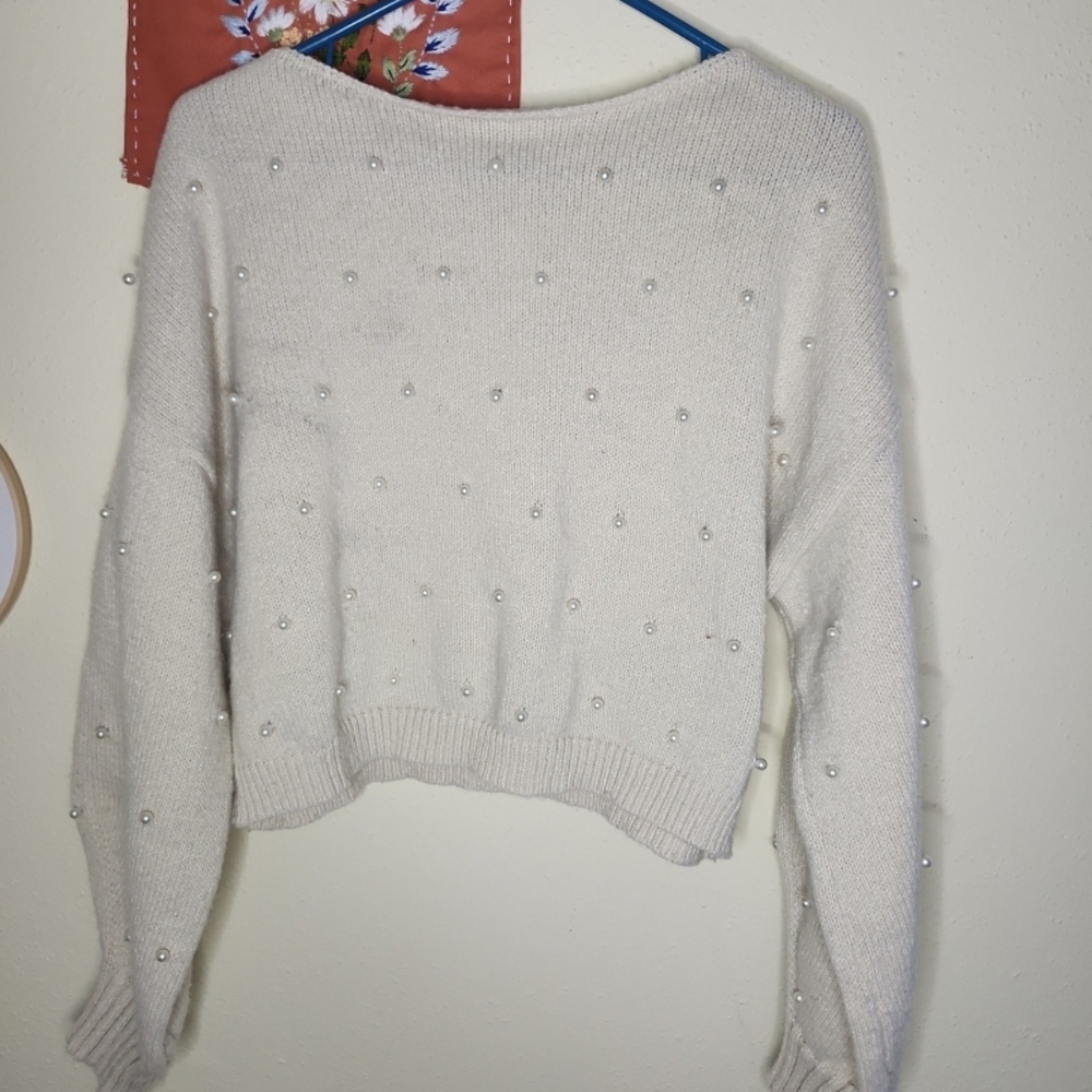 Elegant Pearl-Embellished Cream Sweater